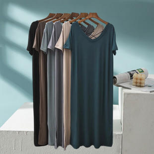 莫代尔交叉露背短袖睡裙女夏宽松连衣裙可外穿孕妇睡衣薄款家居服