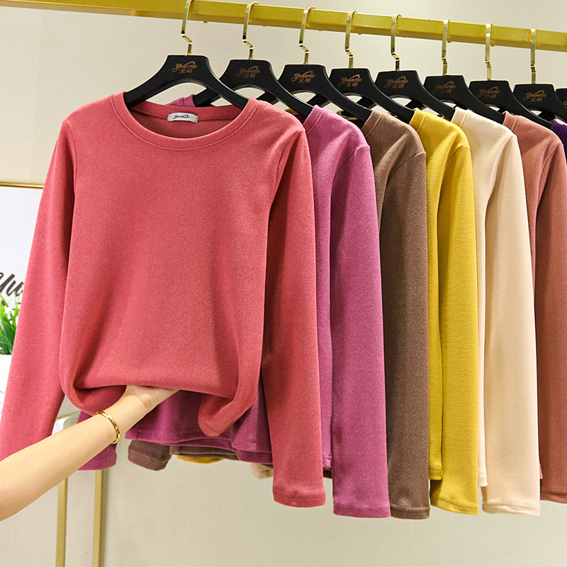 秋冬德绒贴身打底衫女士长袖圆领内搭T恤加绒加厚保暖纯色棉上衣