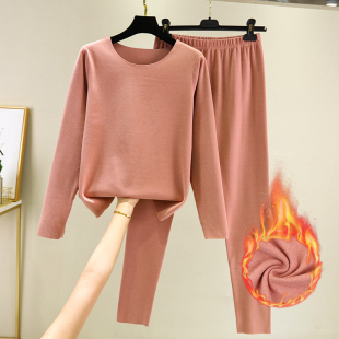 秋冬双面绒打底衫女士德绒贴身秋衣秋裤大码加绒加厚保暖两件套装