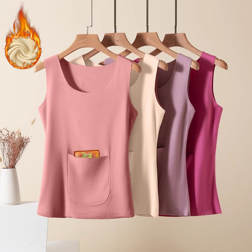 2025冬季德绒贴身带口袋放暖贴保暖背心女士无痕秋衣内搭吊带打底