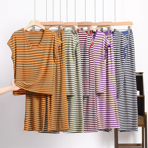 莫代尔黑白条纹短袖短裤家居服套装女夏季薄款宽松大码睡衣两件套