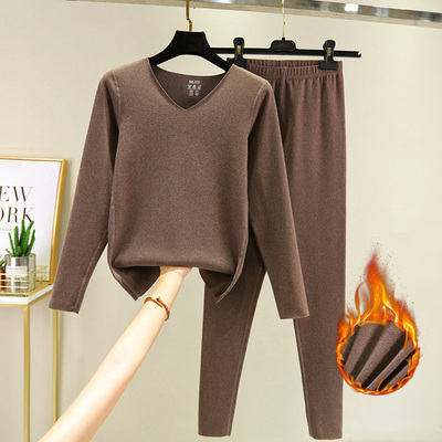 德绒保暖套装女士秋冬季无痕V领长袖打底衫高腰打底裤贴身两件套