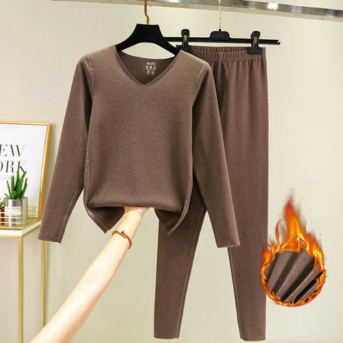 德绒保暖套装女士秋冬季无痕V领长袖打底衫高腰打底裤贴身两件套