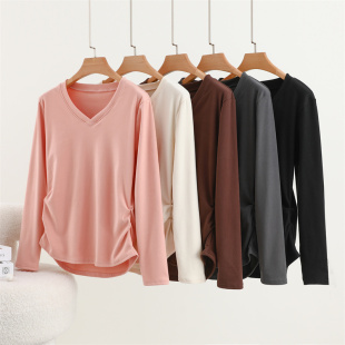 收腰上衣 T恤女秋冬加绒加厚保暖内搭打底衫 2024新款 德绒v领长袖