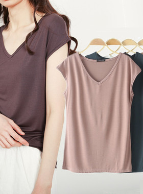 夏季薄款莫代尔无袖t恤女V领短袖上衣宽松大码背心休闲纯色打底衫
