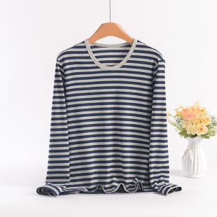 莫代尔条纹打底衫女士秋冬圆领修身长袖T恤大码秋衣薄款保暖上衣