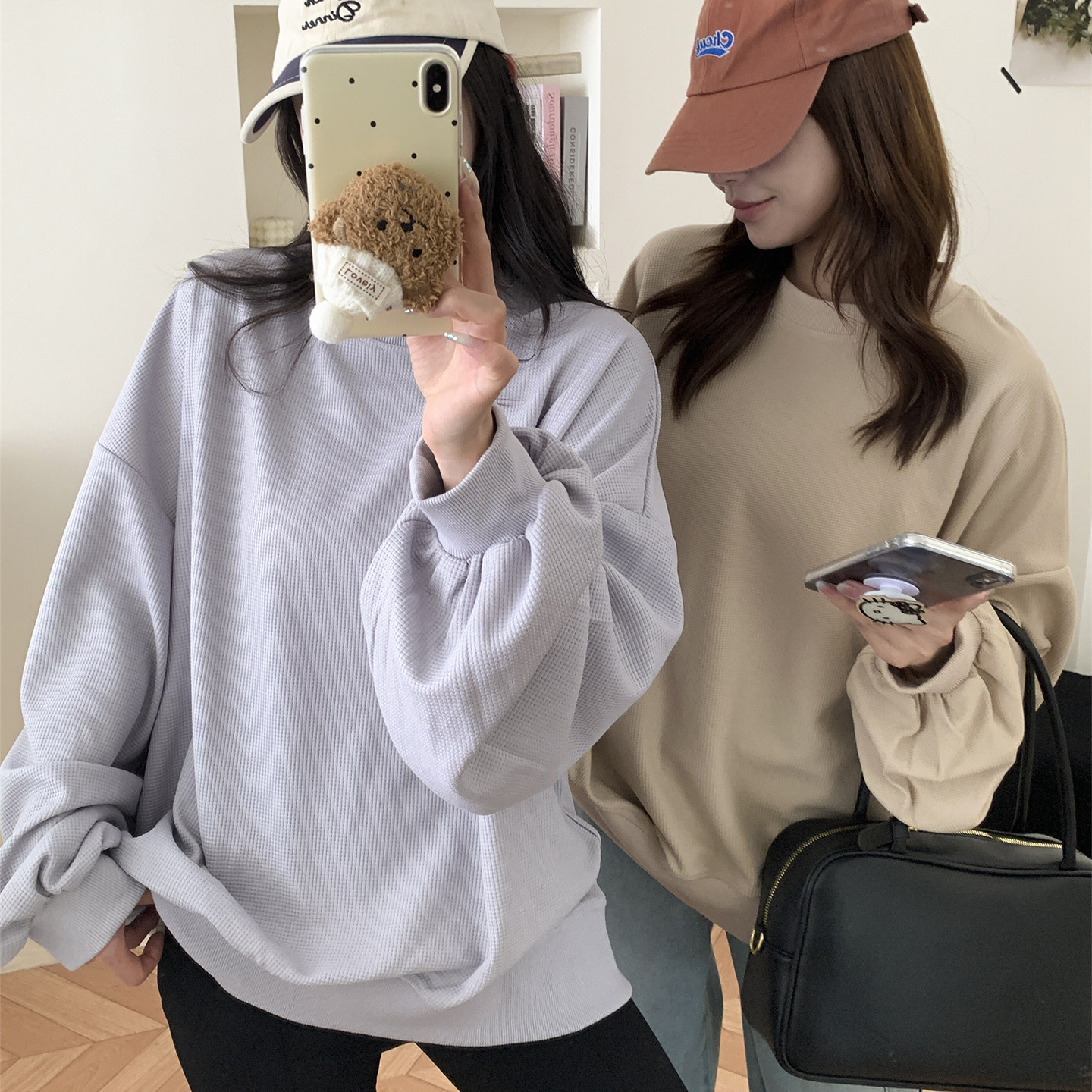 华夫格宽松圆领卫衣女秋冬新款大码百搭外穿休闲T恤加厚长袖上衣