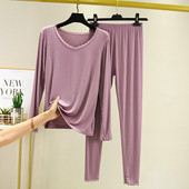 套装 女春秋薄款 蕾丝长袖 莫代尔秋衣秋裤 打底衫 圆领家居睡衣两件套