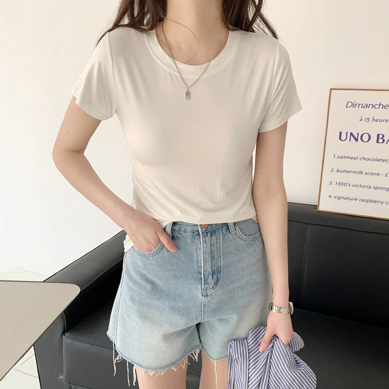 白色短袖T恤女夏莫代尔薄款外穿上衣大码百搭打底衫黑色圆领内搭