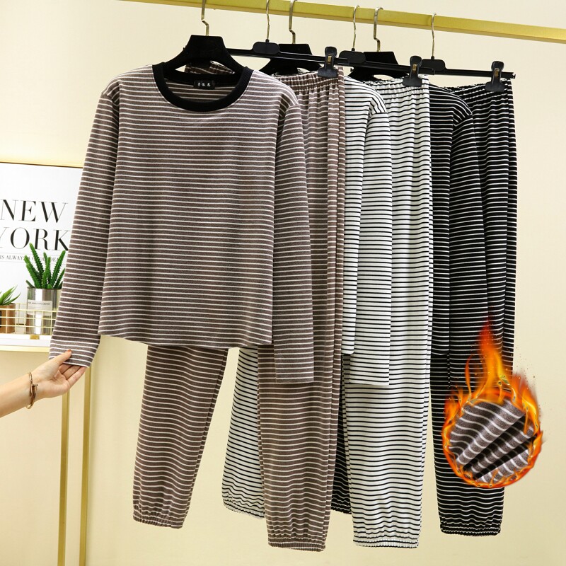 女德绒黑白条纹家居服睡衣