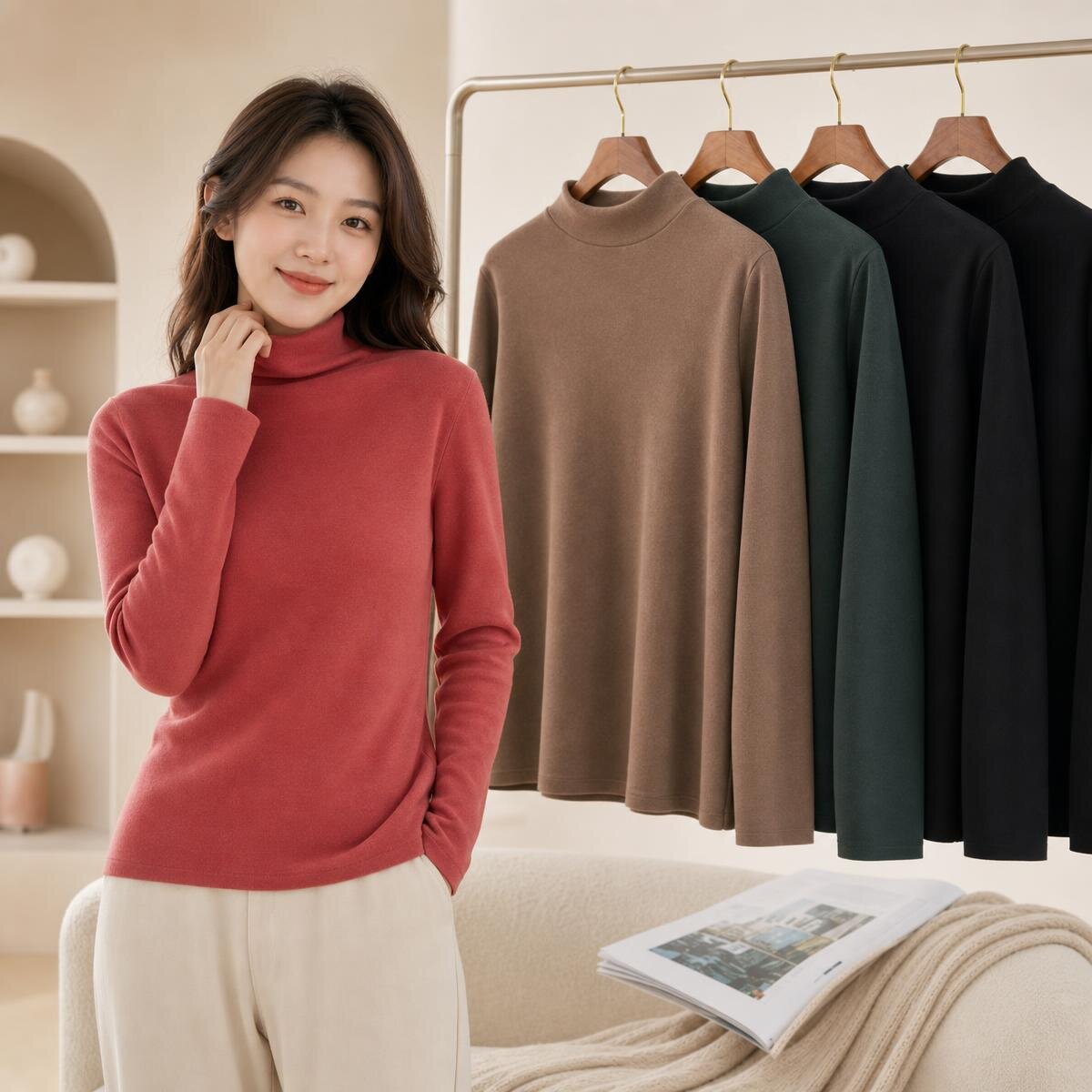 德绒打底衫女半高领T恤加绒秋衣秋冬季双面绒磨毛内搭长袖保暖衣