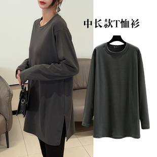 内搭加绒加厚保暖上衣 秋冬圆领长袖 德绒宽松中长款 T恤女士打底衫