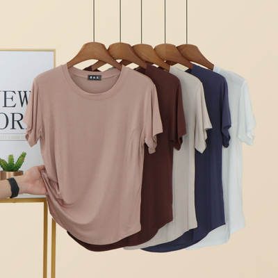 莫代尔圆领短袖拼接T恤女夏季外穿修身显瘦上衣简约内搭打底衫薄