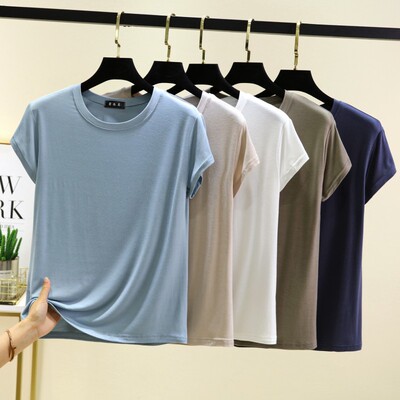 莫代尔圆领胖mm短袖T恤女夏宽松大码半袖打底衫百搭纯色外穿上衣