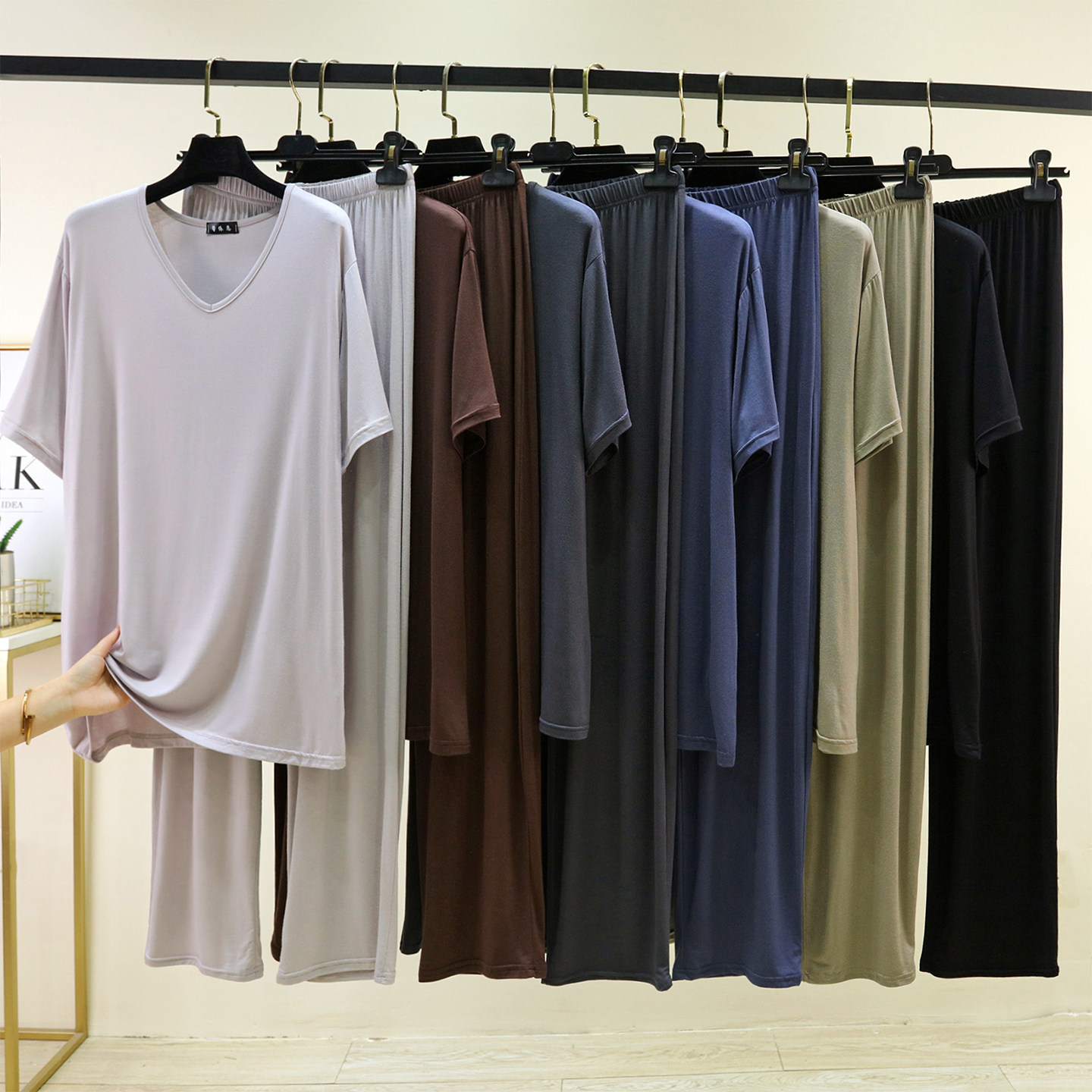 莫代尔男士V领短袖长裤套装夏季薄款宽松睡衣可外穿家居服两件套