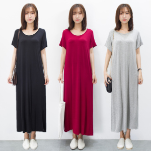 连衣裙女夏中长款黑色短袖T恤长裙圆领莫代尔打底裙子显瘦a字裙