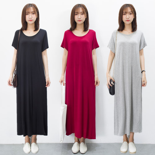 连衣裙女夏中长款黑色短袖T恤长裙圆领莫代尔打底裙子显瘦a字裙