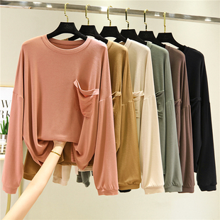 宽松长袖T恤女韩版慵懒风休闲大码内搭秋冬磨毛加厚上衣棉打底衫