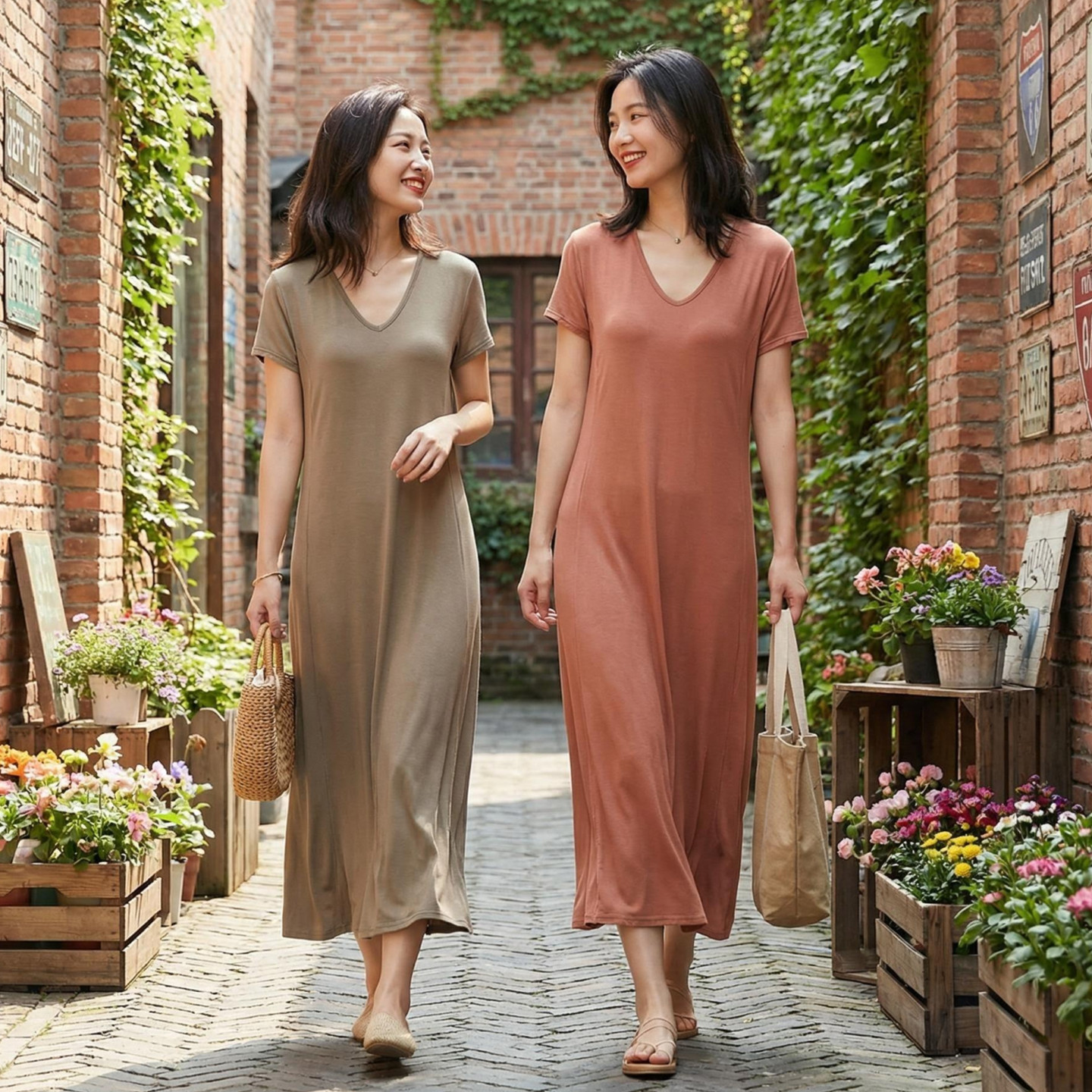 软糯莫代尔椭圆领连衣裙短袖长裙女夏季薄款a字裙外穿显瘦打底裙