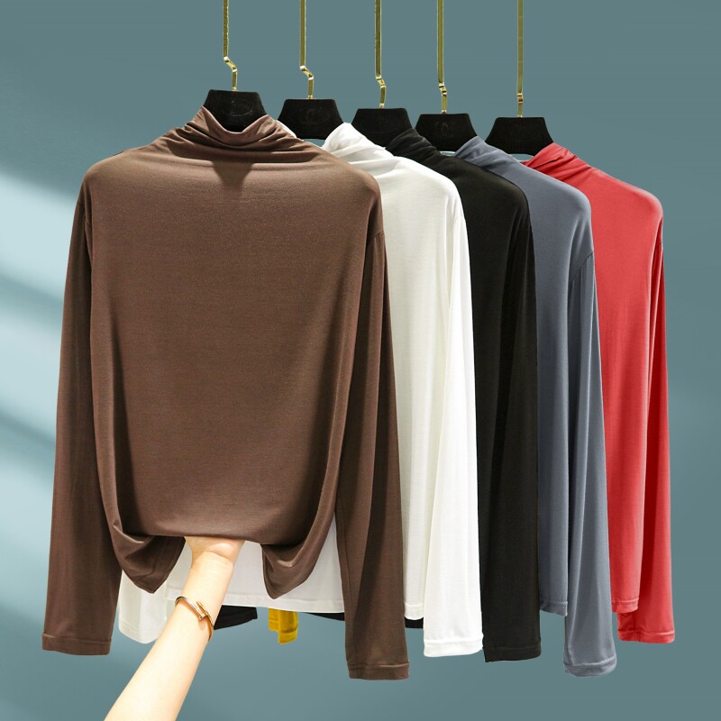 莫代尔半高领长袖T恤女春秋薄款宽松内搭打底衫黑色显瘦外穿上衣
