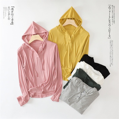 秋季新款莫代尔螺纹长袖连帽纽扣T恤衫女宽松休闲上衣内搭打底衫