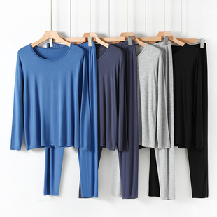 男士莫代尔圆领秋衣秋裤套装薄款家居上衣秋冬大码睡衣宽松打底衫