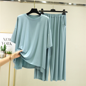 莫代尔纯色短袖睡衣女夏季薄款外穿休闲套装宽松大码家居服两件套
