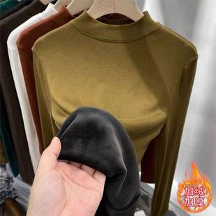 秋冬银狐绒打底衫 T恤半高领内搭保暖外穿上衣 女加绒加厚立领长袖