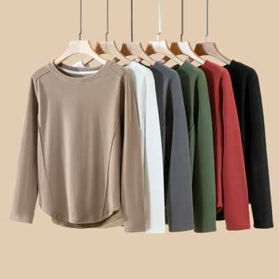 长袖圆领T恤秋冬德绒外穿女加绒加厚上衣大码内搭拼接显瘦打底衫