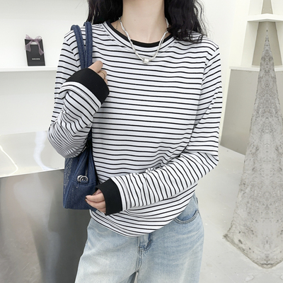德绒条纹圆领保暖打底衫女冬季内搭大码加绒加厚长袖T恤休闲上衣