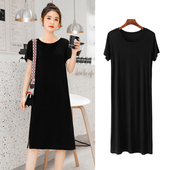 莫代尔连衣裙女夏季 圆领睡裙百搭裙子过膝开叉裙 短袖 薄款 宽松大码