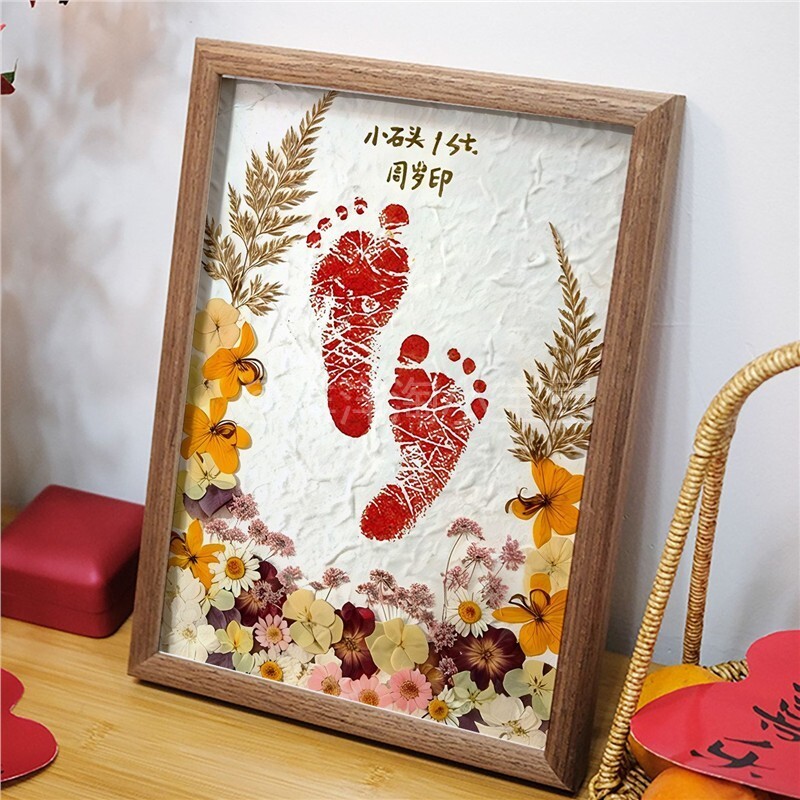 步步生花足印diy干花材料宝宝生日百天周岁仪式感纪念手足印相框