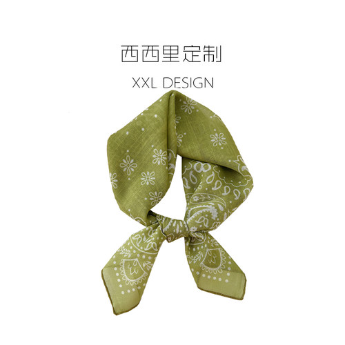 丝巾小方巾女复古绿色腰果花系脖棉麻领巾 搭配衬衫的ins头巾发带