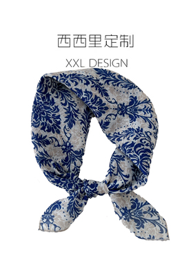丝巾小方巾女复古蓝色植物蔓藤护颈系脖领巾 搭配衬衫ins头巾发带