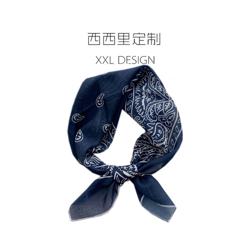 丝巾小方巾女复古藏青色腰果花棉麻护颈领巾 搭配衬衫ins头巾发带