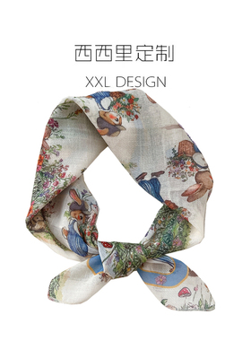 丝巾小方巾女温柔风蓝色兔子棉麻护颈领巾 搭配衬衫的ins头巾发带