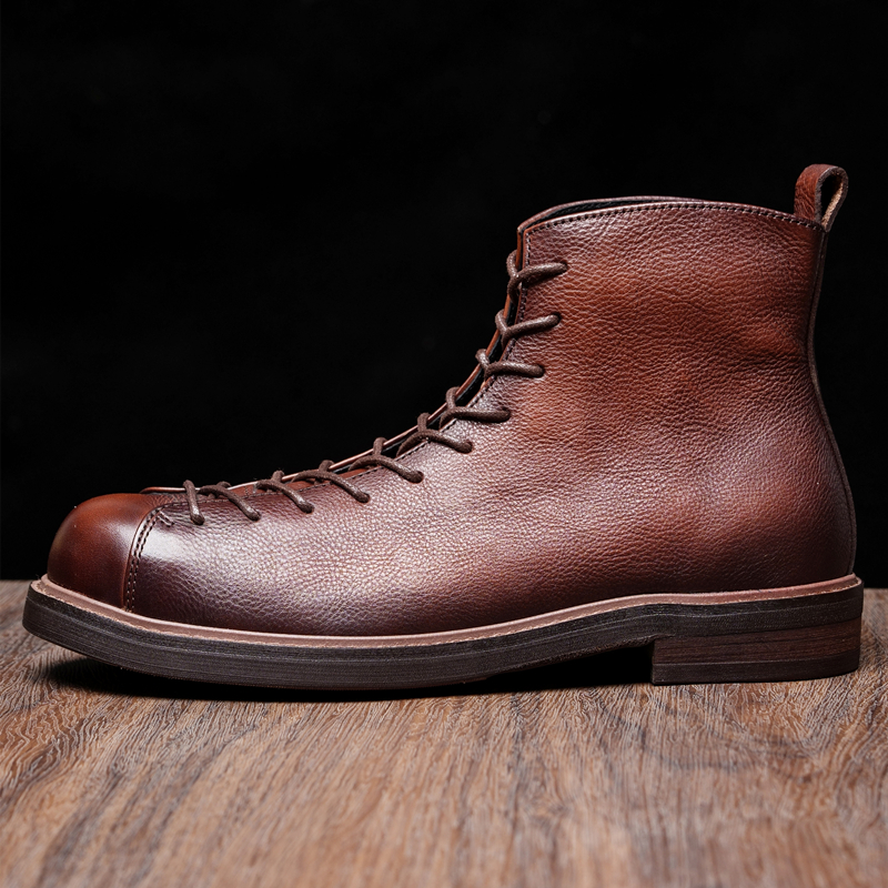 thumbnail for American handmade retro top layer cowhide short-faced Martin boots men's Ami click-on high-top cargo boots leather boots