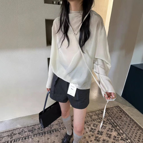 lake腰带丝光一字肩纯色衬衫女2025夏季韩东大门设计款休闲衬衣