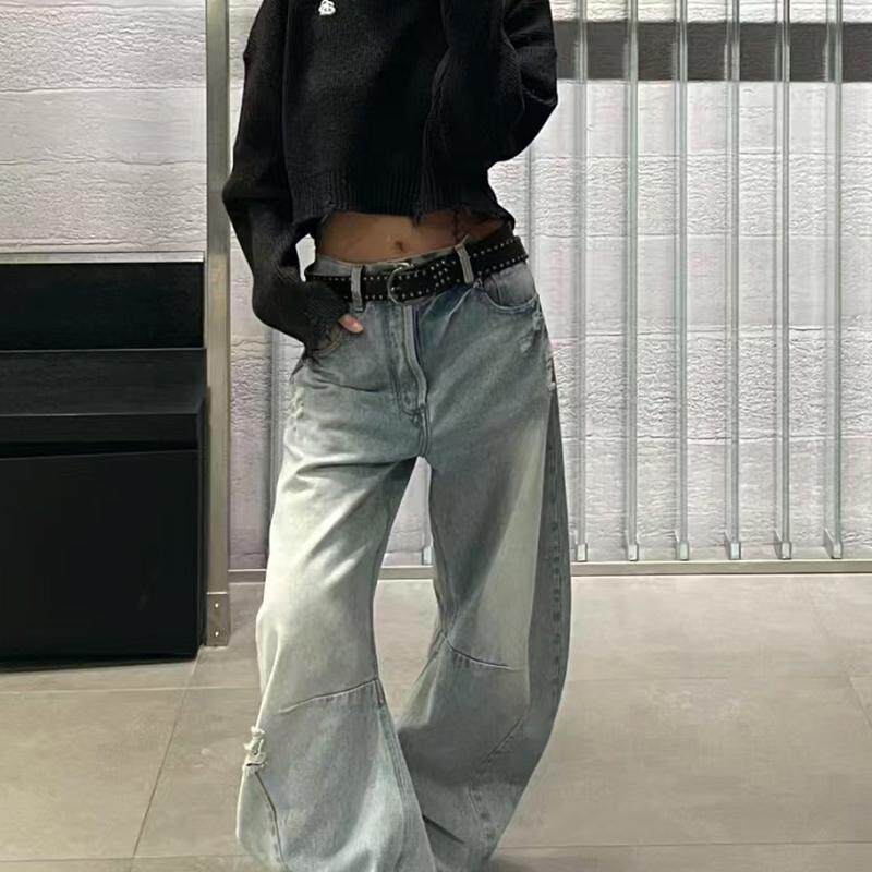 南油高端辣妹高腰个性排扣破洞不规则浅色镰刀牛仔裤