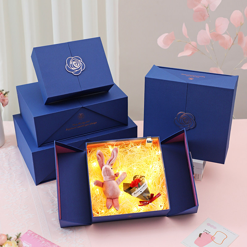 新款轻奢蓝色翻盖男生日礼物盒香水礼品盒空盒创意包装盒定制礼盒