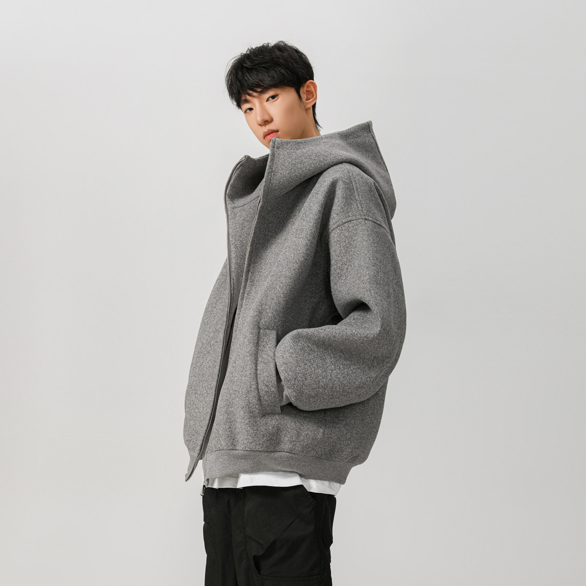 无影墙2现货秋冬加厚廓形呢料连帽重磅开衫外套1713-WY11-P108，男装毛呢大衣，星座514A（原614）