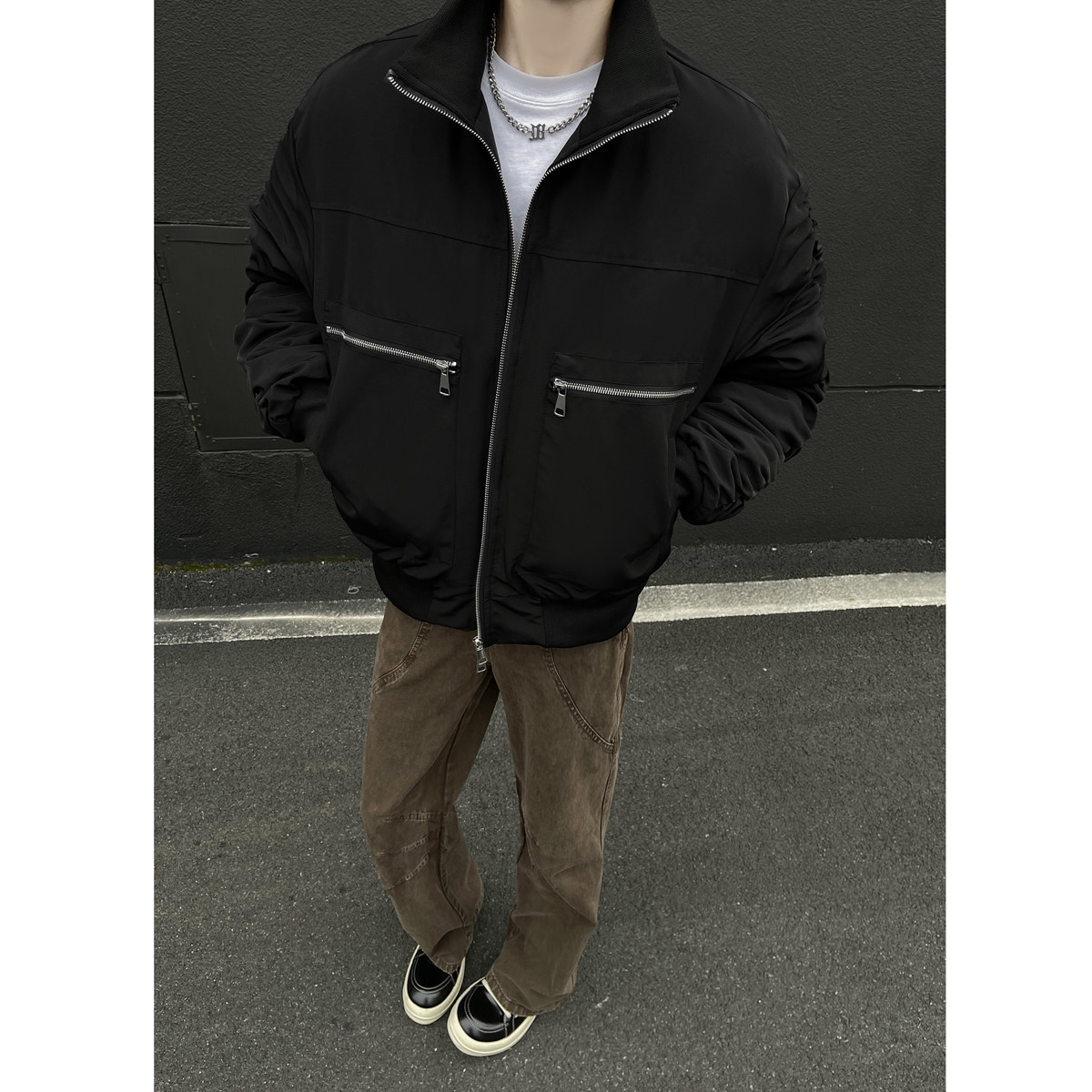 抖音弯刀廓形短宽立领飞行美式拉链棉衣外套1713-MF66-P138,男装棉衣,星座514A（原614）