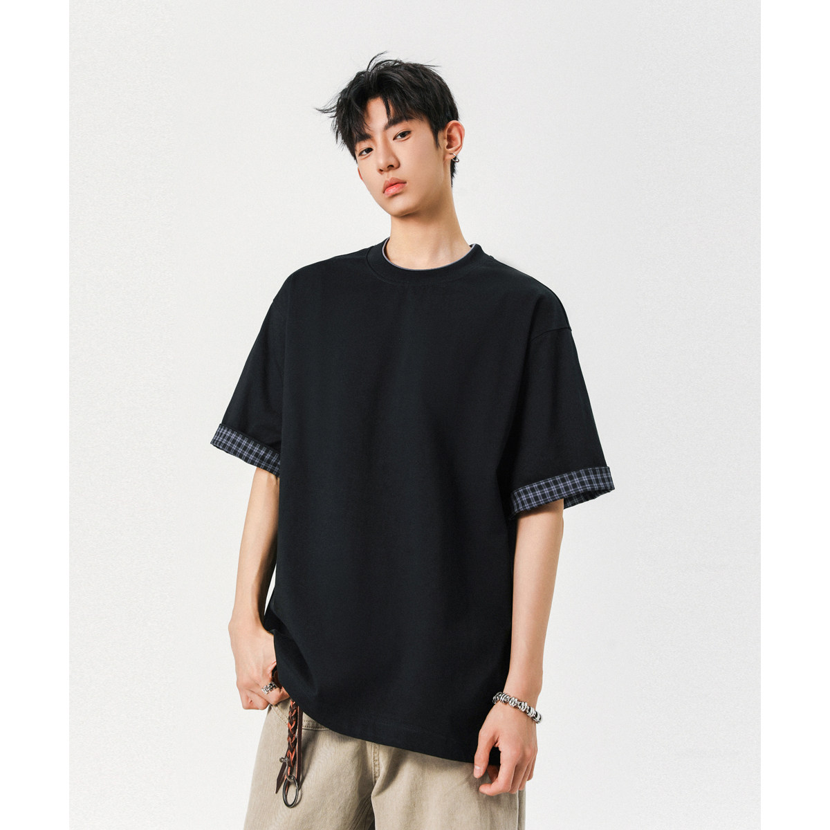 2无影墙 260双纱纯棉格子翻边设计短袖T恤 HWH27-P45 控78图片