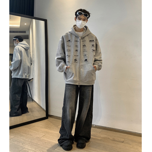 现货4秋冬新款美式430克重磅休闲潮牌印花开衫卫衣 1713-WY12-P75图片