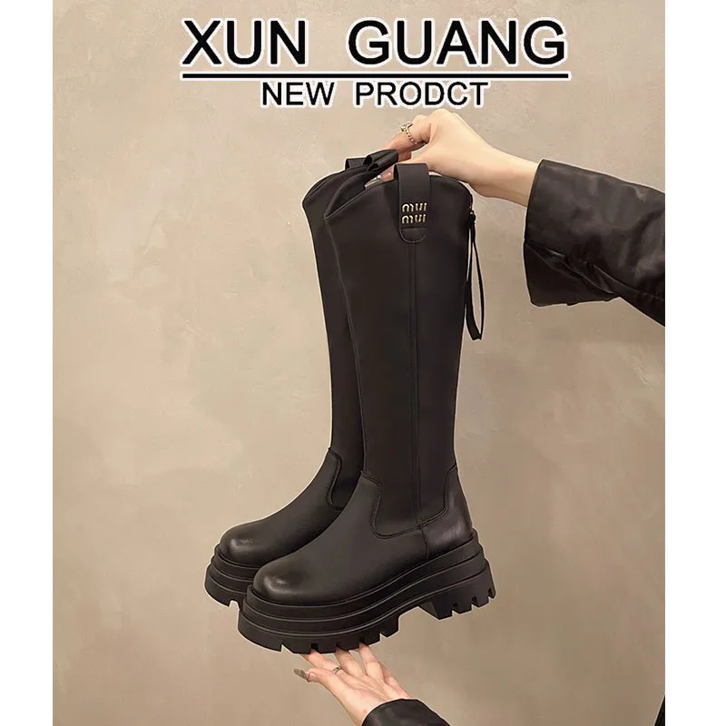 真皮长筒靴女2025新款英伦风不过膝小个子厚底v口高筒靴骑士长靴