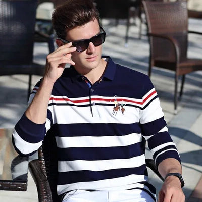 商务男装T恤条纹纯棉POLO衫长袖t恤男士秋季男式名帝鼠翻领新款