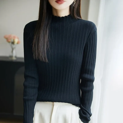 纯棉线半高领针织打底衫女秋冬款修身显瘦坑条内搭上衣百搭毛衣女