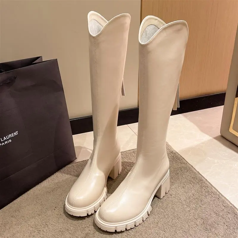 2025小个子厚底增高骑士靴女高筒靴不过膝长靴英伦风后拉链长筒靴