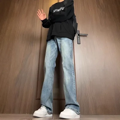 蓝裤子牛仔裤vibe直筒修身高腰男款秋季高个子高街美式微喇裤复古
