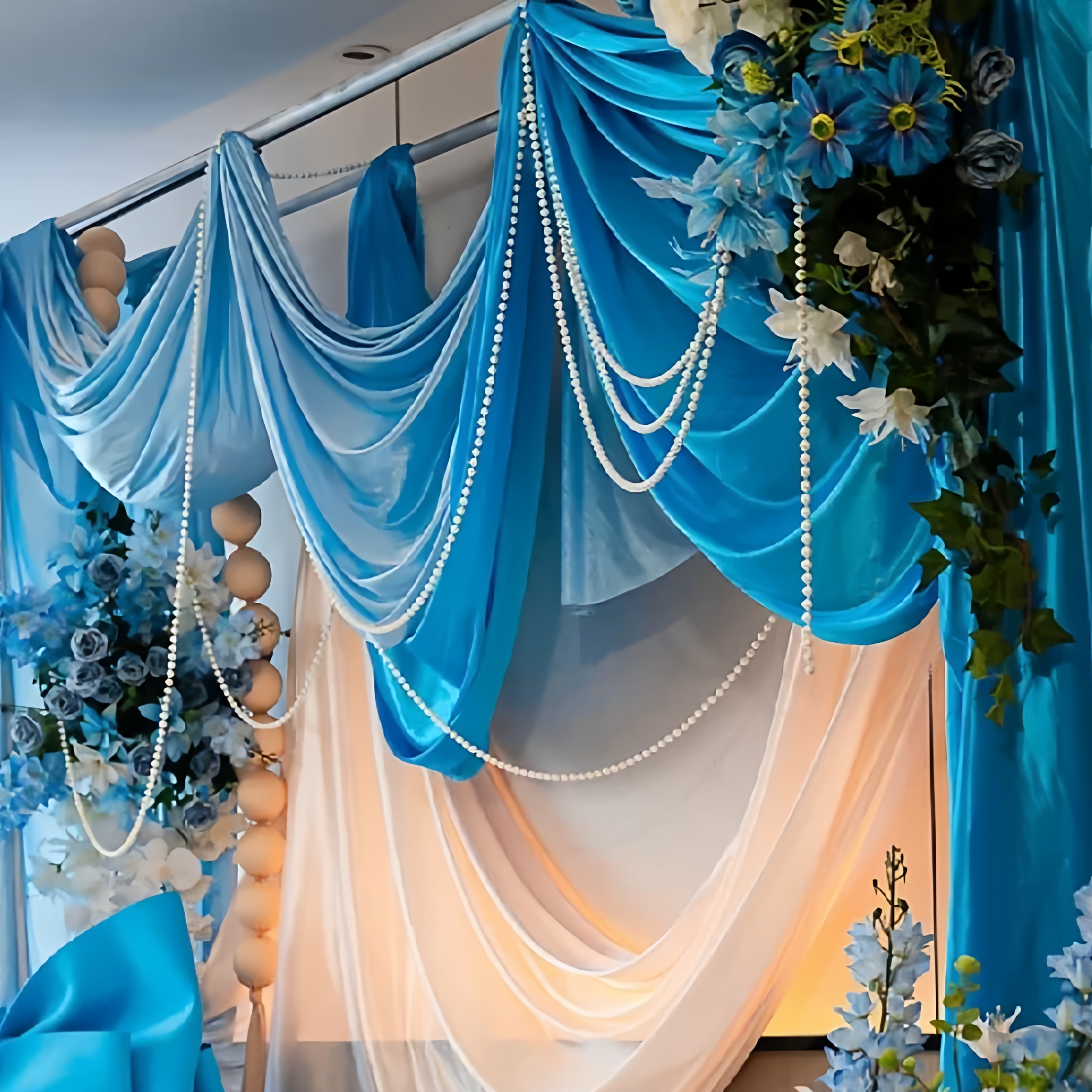 蓝色系婚房夏天甜品台装饰纯色海洋风软网纱多巴胺蓝色主题幼儿园